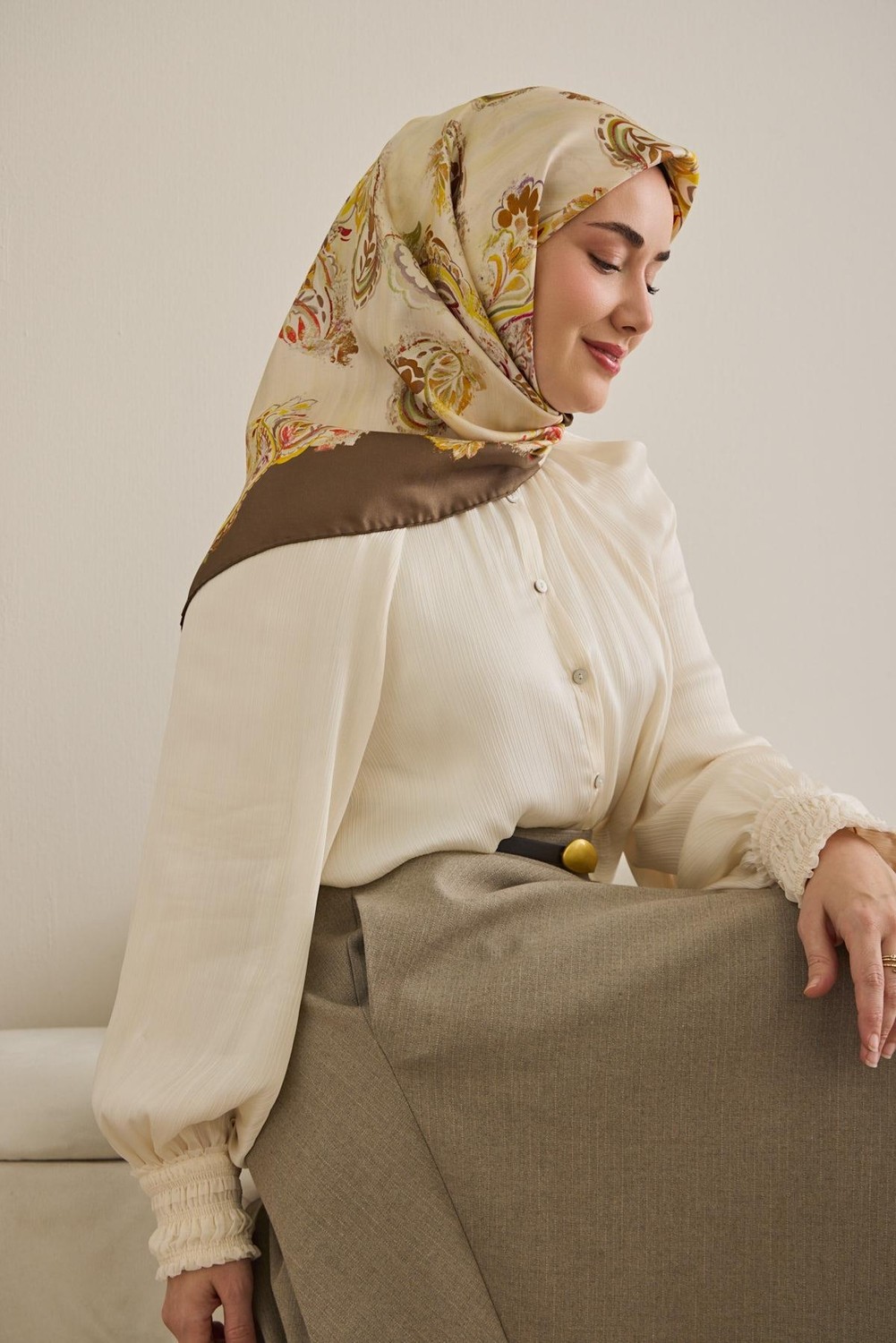 Silk Home Twill Ipek Eşarp Şal Desen Butter Yellow 90X90 görsel 5
