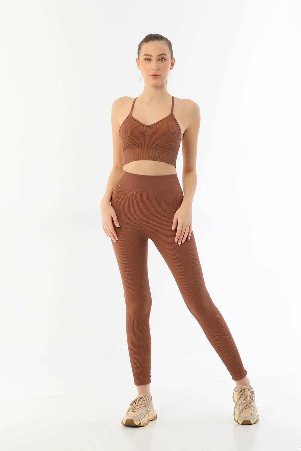TKÇ Kahve Soft Seamless Ripli Tayt Yoga Seti - KLBN30754