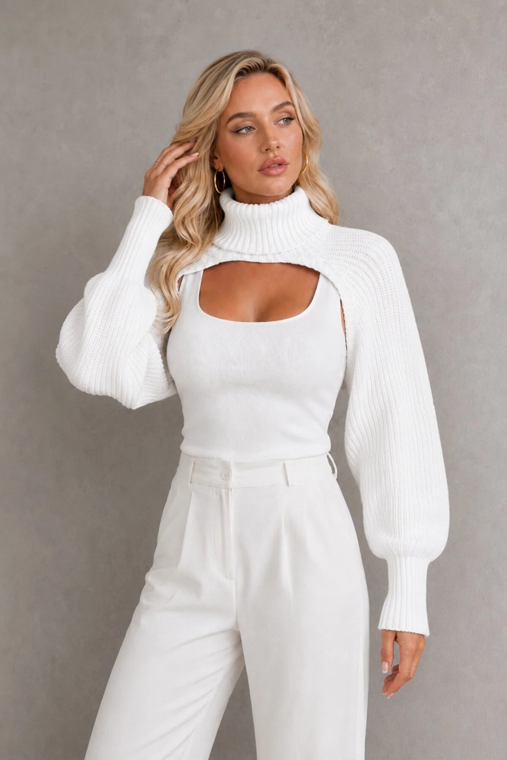 AQE FASHION Kadın Boğazlı Uzun Kollu Balon Kol Modern Tasarım Dokulu Şık Günlük Pudra Triko Boyunluk Bolero