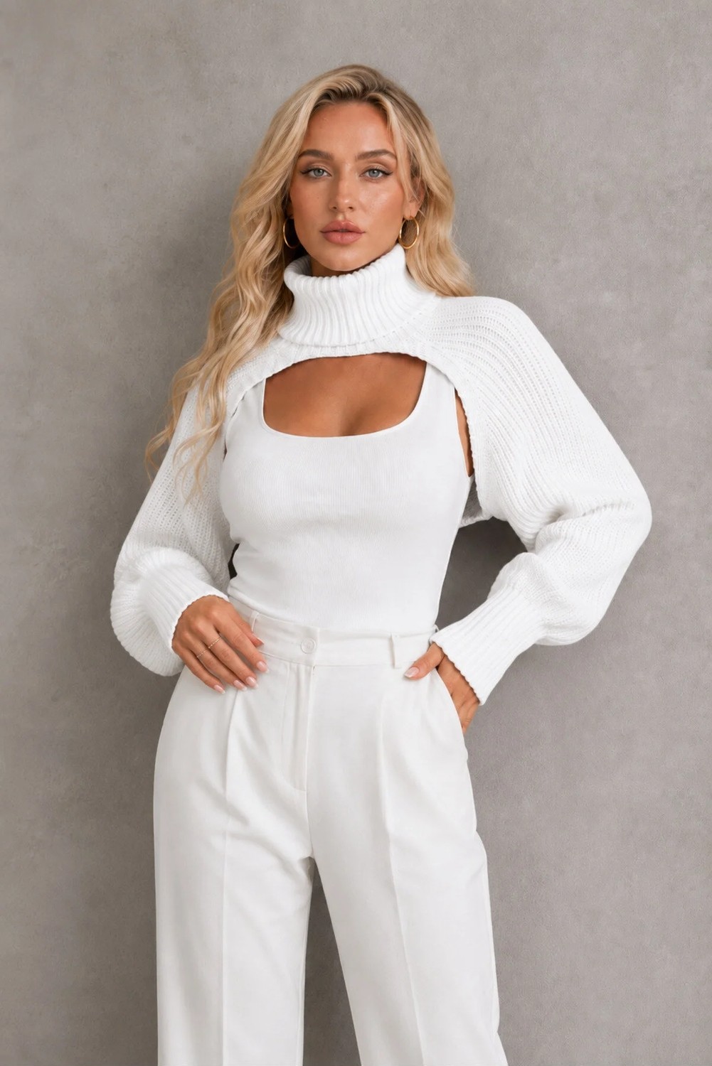 AQE FASHION Kadın Boğazlı Uzun Kollu Balon Kol Modern Tasarım Dokulu Şık Günlük Pudra Triko Boyunluk Bolero görsel 2