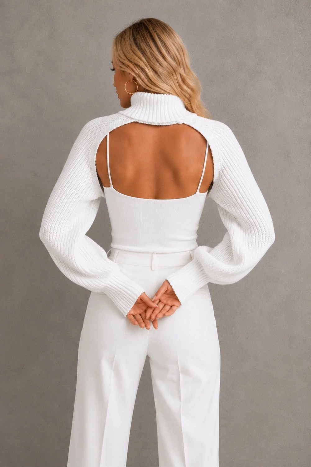 AQE FASHION Kadın Boğazlı Uzun Kollu Balon Kol Modern Tasarım Dokulu Şık Günlük Pudra Triko Boyunluk Bolero görsel 3