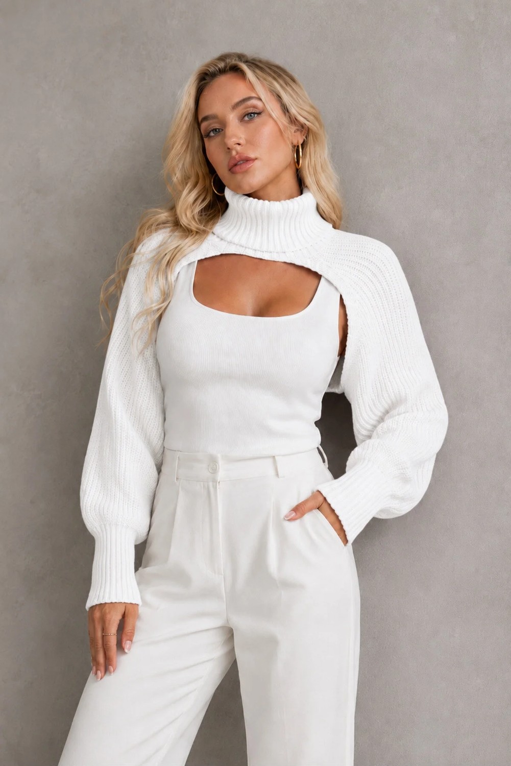 AQE FASHION Kadın Boğazlı Uzun Kollu Balon Kol Modern Tasarım Dokulu Şık Günlük Pudra Triko Boyunluk Bolero görsel 4