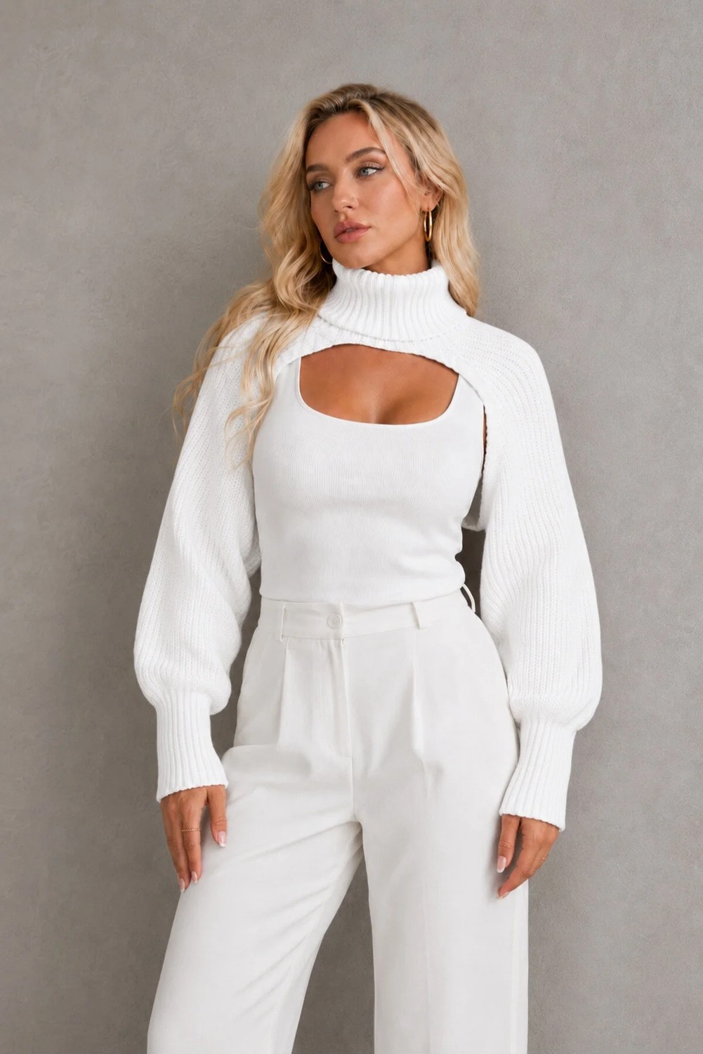AQE FASHION Kadın Boğazlı Uzun Kollu Balon Kol Modern Tasarım Dokulu Şık Günlük Pudra Triko Boyunluk Bolero görsel 5