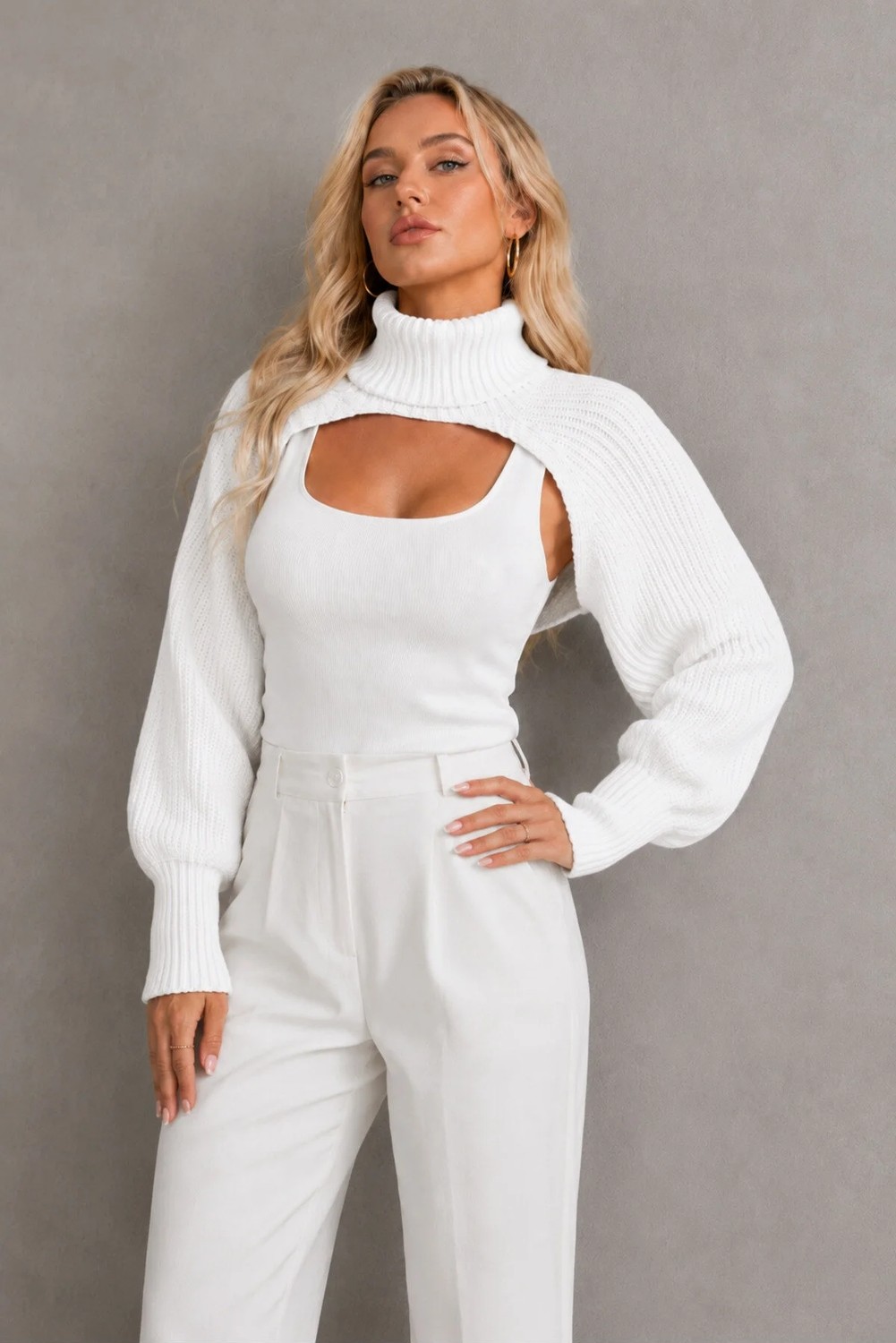 AQE FASHION Kadın Boğazlı Uzun Kollu Balon Kol Modern Tasarım Dokulu Şık Günlük Pudra Triko Boyunluk Bolero görsel 6