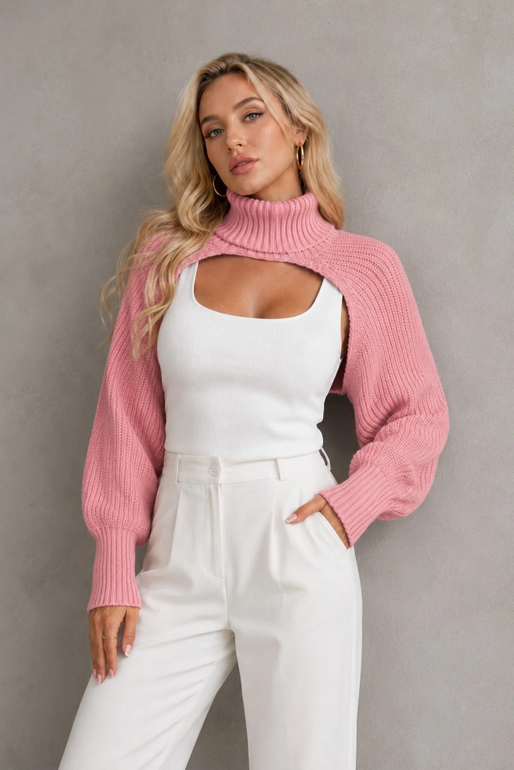 AQE FASHION Kadın Boğazlı Uzun Kollu Balon Kol Modern Tasarım Dokulu Şık Günlük Pudra Triko Boyunluk Bolero