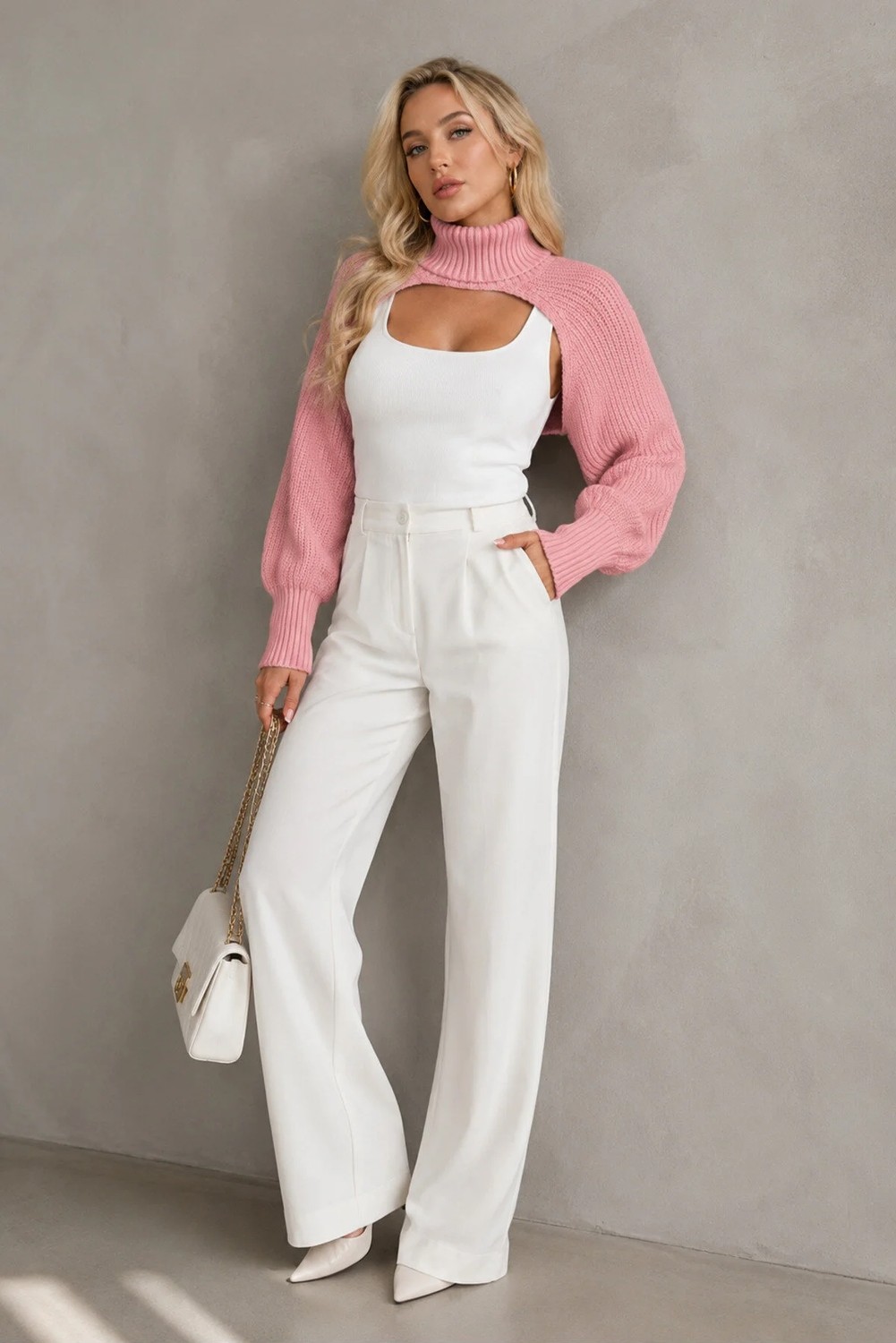 AQE FASHION Kadın Boğazlı Uzun Kollu Balon Kol Modern Tasarım Dokulu Şık Günlük Pudra Triko Boyunluk Bolero görsel 8