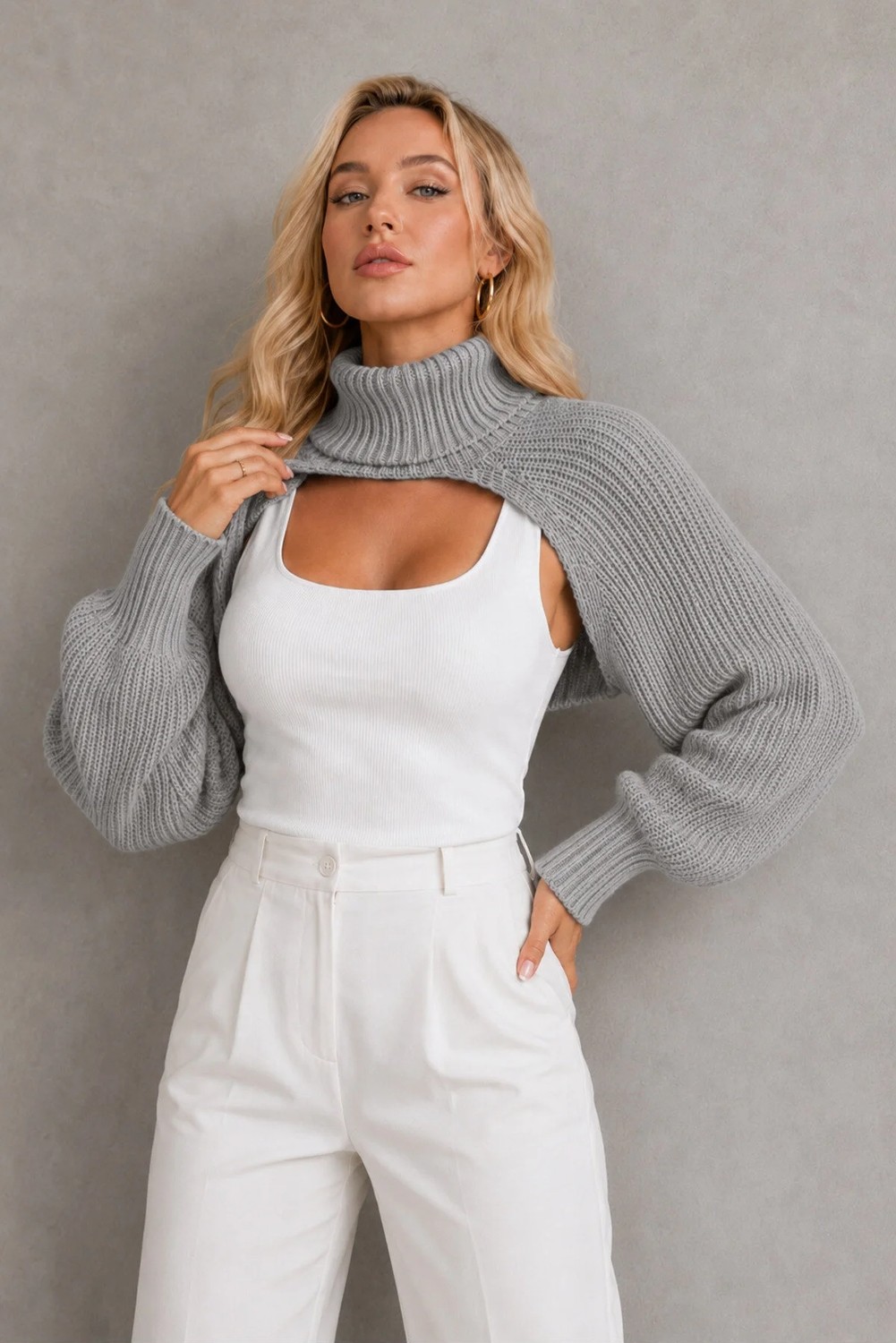 AQE FASHION Kadın Boğazlı Uzun Kollu Balon Kol Modern Tasarım Dokulu Şık Günlük Pudra Triko Boyunluk Bolero