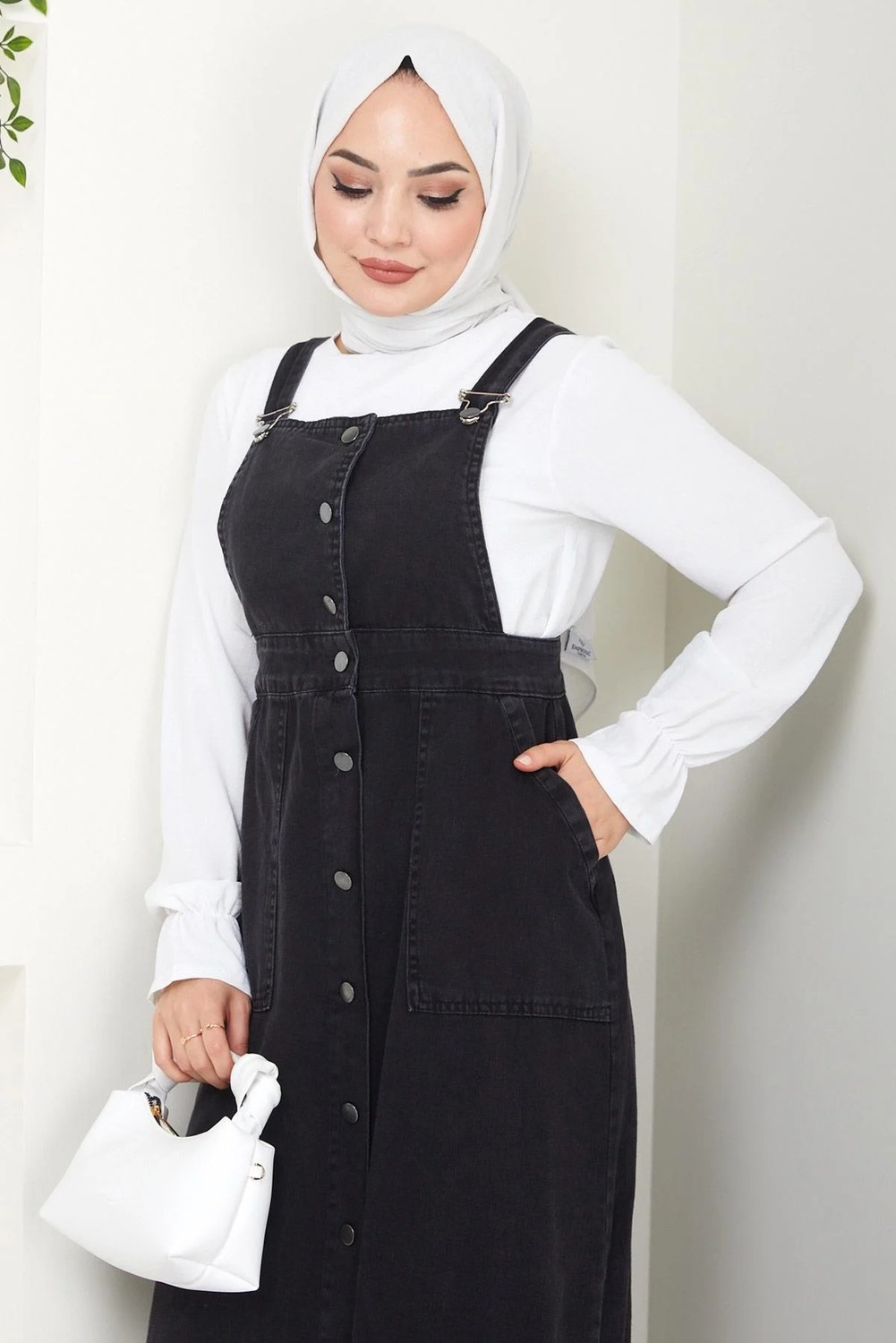 Hafsa Mina Düğmeli Kot Salopet Elbise Siyah HM22456 görsel 6