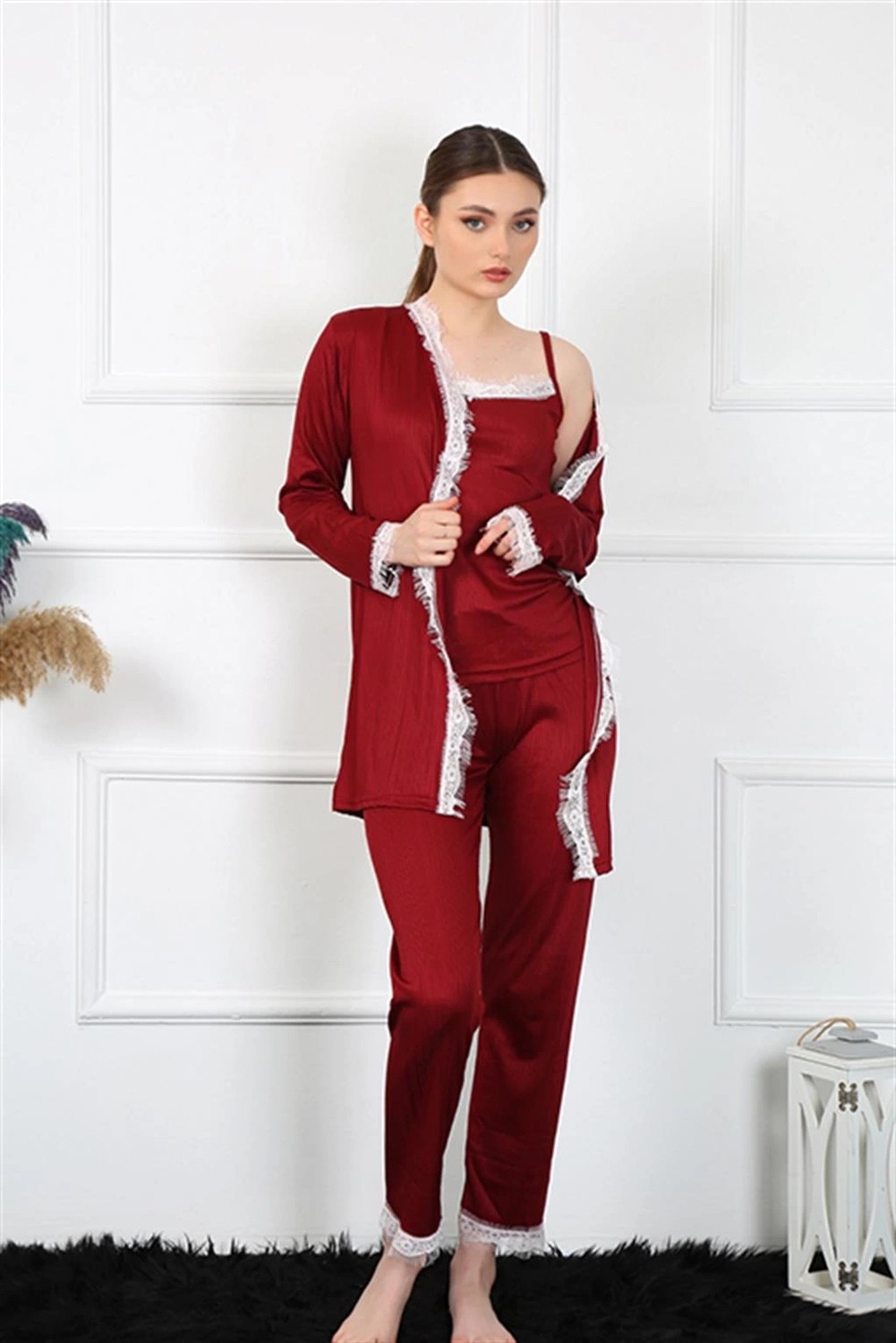Melonika Kadın 3'lü Bordo Sabahlık Takım Çmş