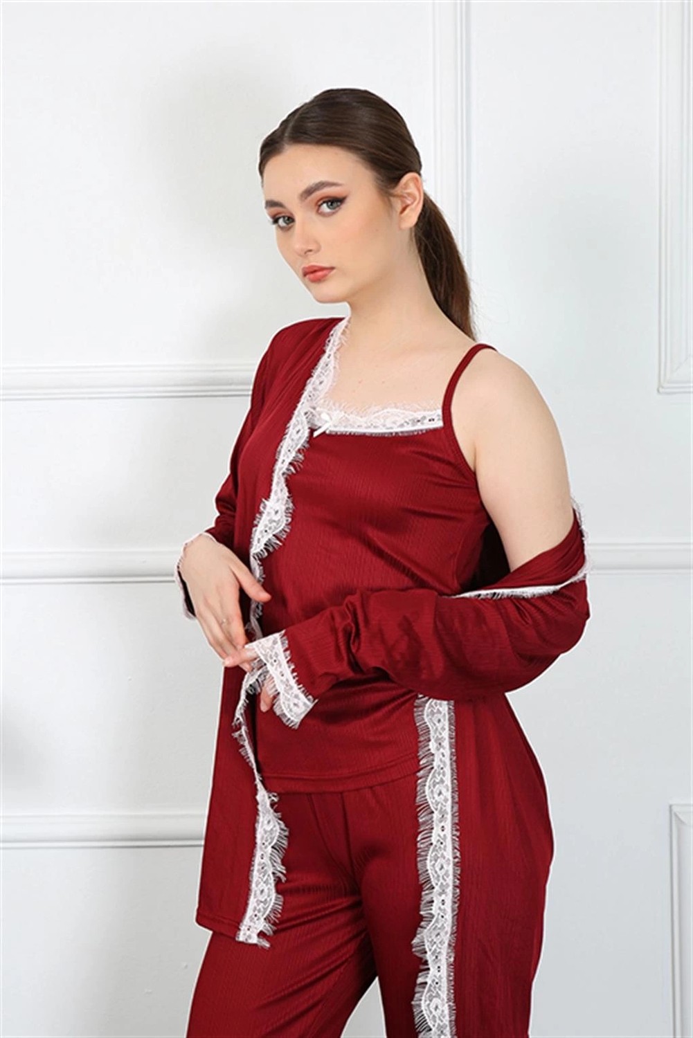 Melonika Kadın 3'lü Bordo Sabahlık Takım Çmş görsel 2