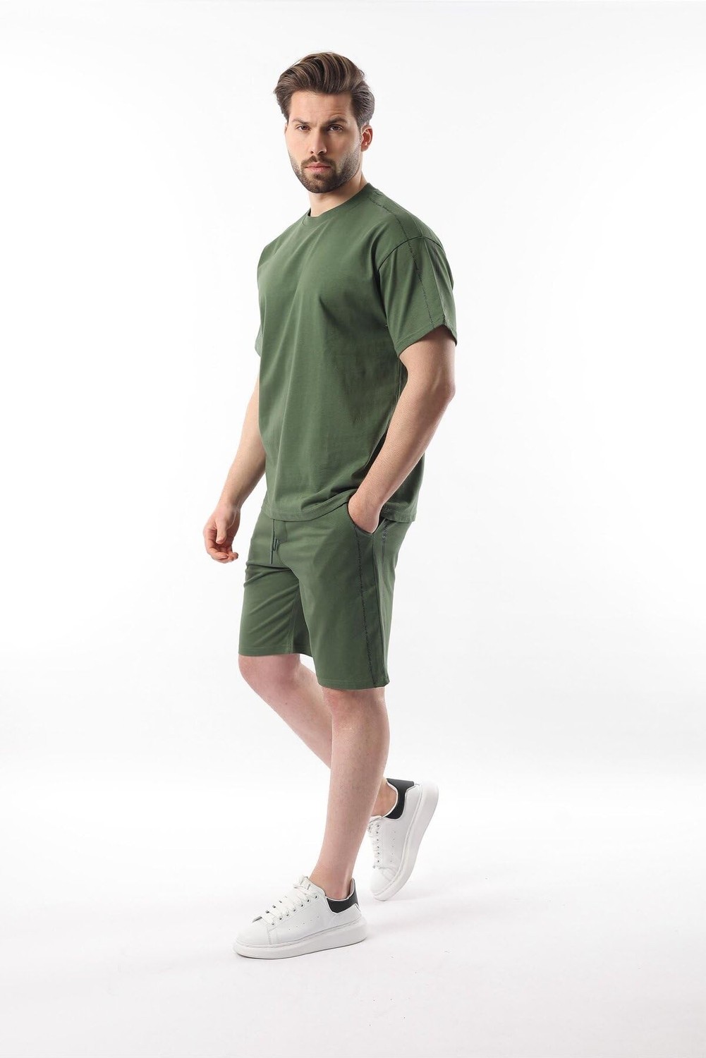 Esranın Dünyası Madmext Haki Overfit Baskılı Erkek Şort T-Shirt Takım E7302,HAKI M görsel 3