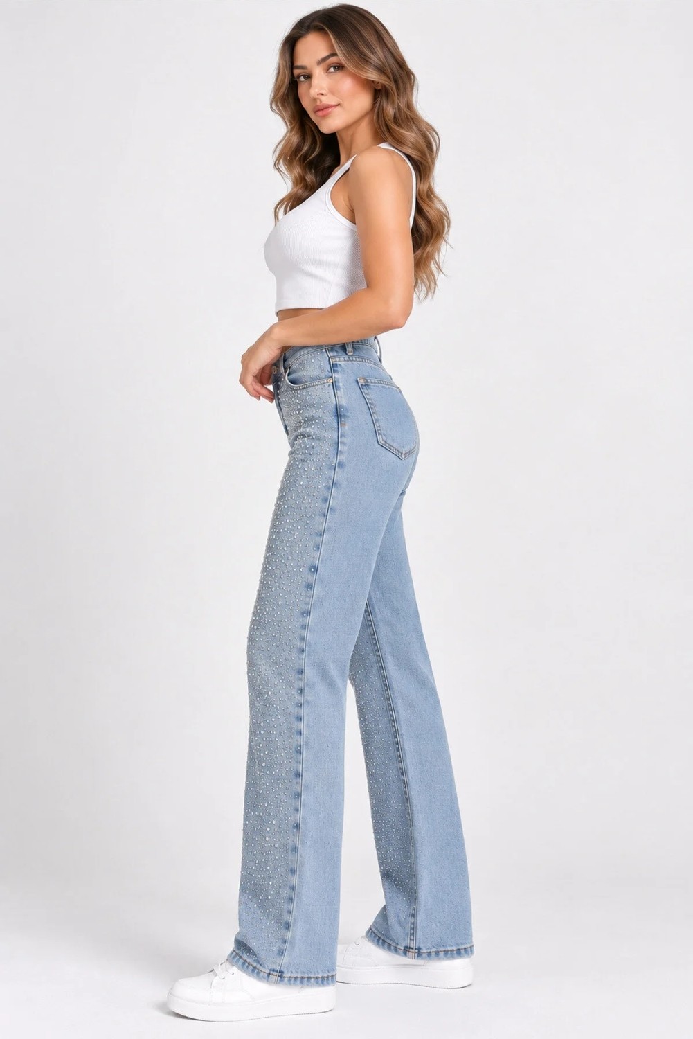 Banega Curve Kadın Büyük Beden Taş Detaylı Yüksek Bel Bol Paça Açık Mavi Jeans Kot Pantolon görsel 4