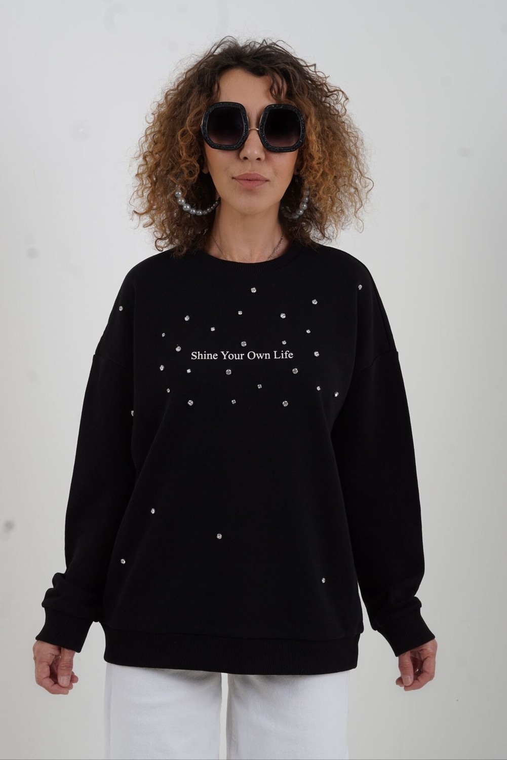 Zelish My Sister Siyah Shine Baskılı Taşlı Bisiklet Yaka Sweatshirt görsel 5