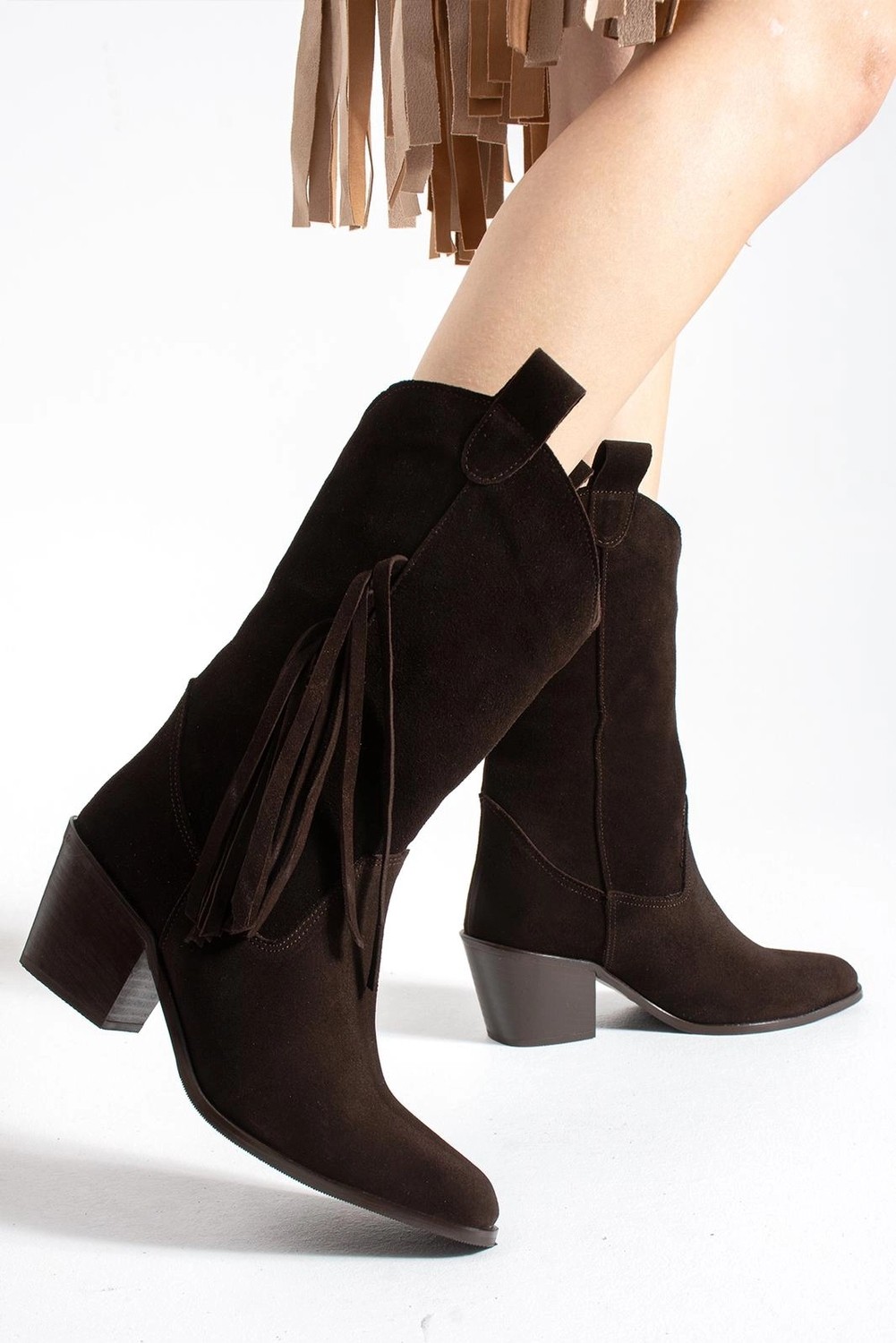 Tibu Texas Breeze Püsküllü Acı Kahve Süet Kadın Kovboy Botu