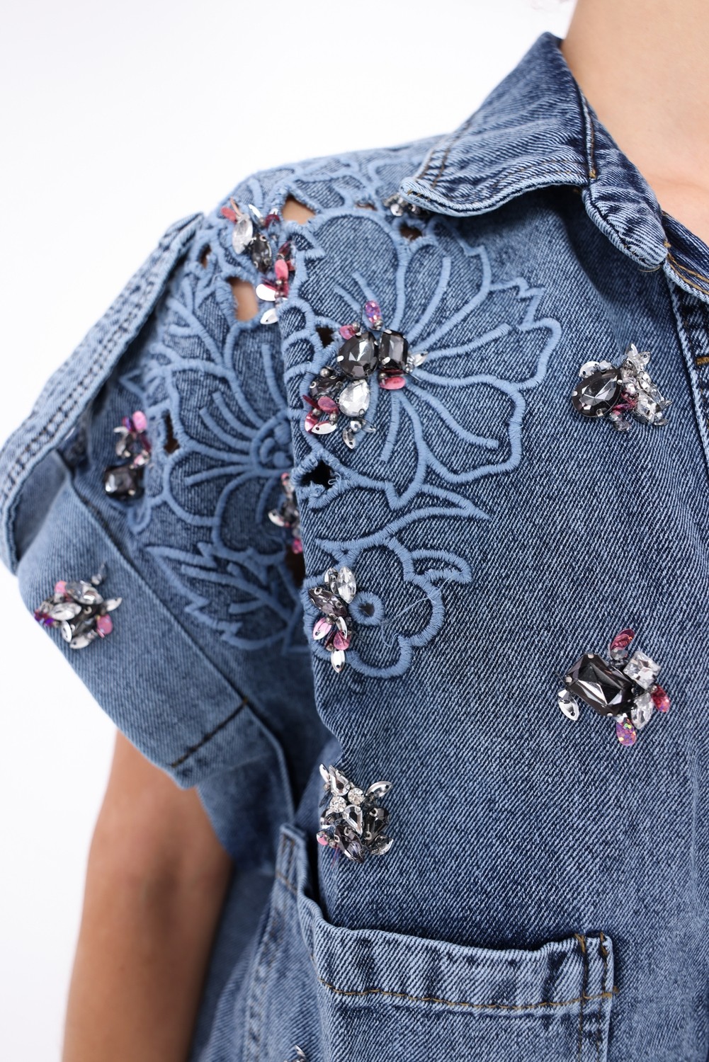 İnci Türkay Kadın Tasarım Denim Yelek Taş Boncuk Payet Işleme Detaylı Mavi Oversize Kalıp Bomber Yelek