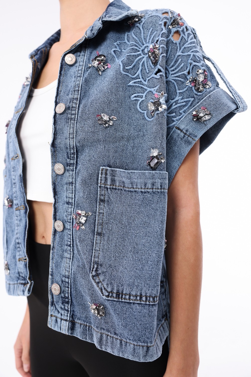 İnci Türkay Kadın Tasarım Denim Yelek Taş Boncuk Payet Işleme Detaylı Mavi Oversize Kalıp Bomber Yelek görsel 3