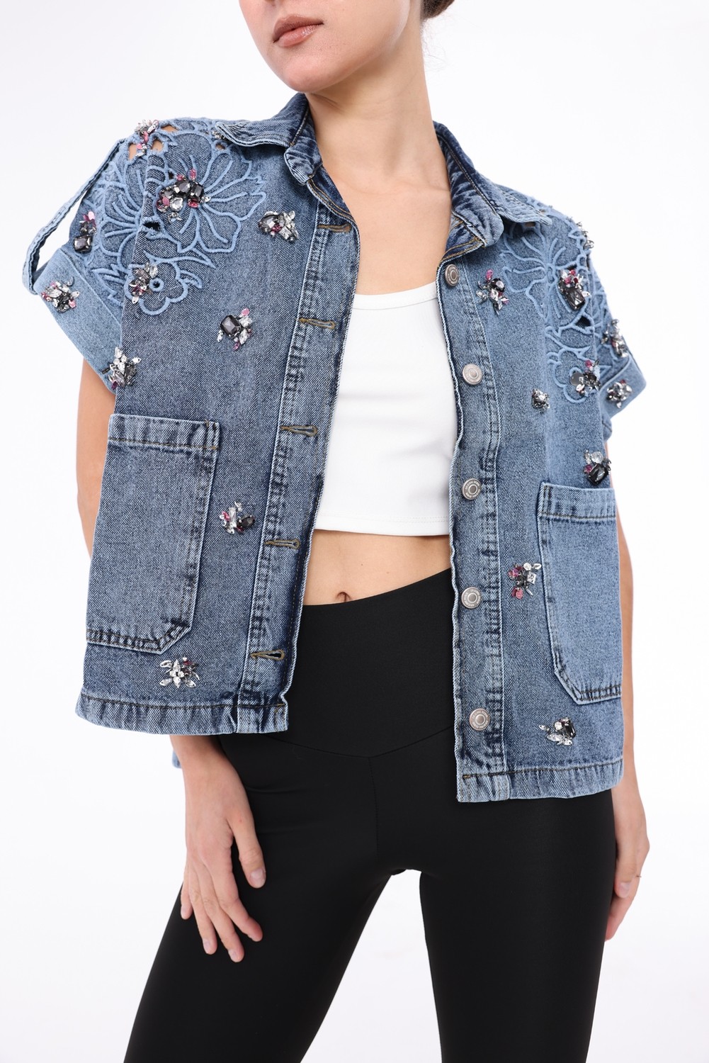 İnci Türkay Kadın Tasarım Denim Yelek Taş Boncuk Payet Işleme Detaylı Mavi Oversize Kalıp Bomber Yelek görsel 4