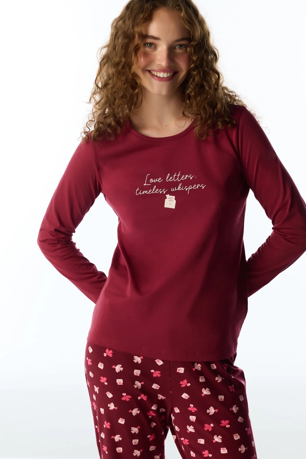Penti Bordo Letters Kuş Desenli Uzun Kollu Pantolon Pijama Takımı görsel 2