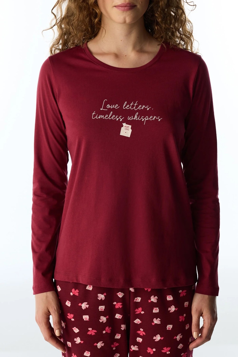 Penti Bordo Letters Kuş Desenli Uzun Kollu Pantolon Pijama Takımı görsel 5