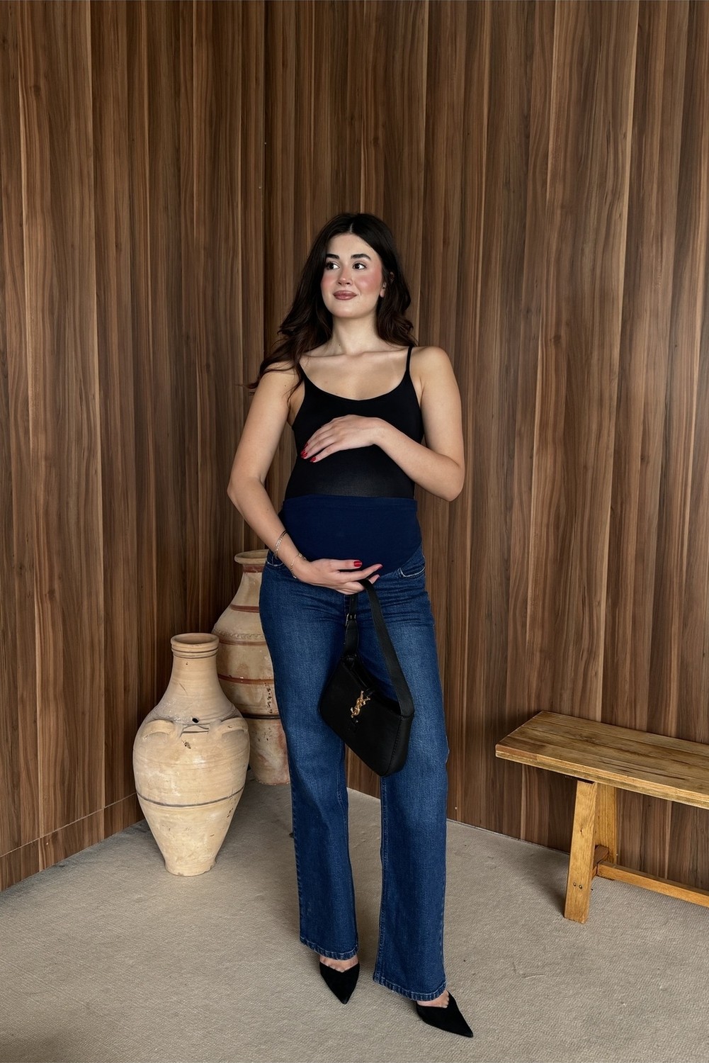 Bqess Hamile Karnı Saran Esnek Bantlı Mavi Düz Paça Jean Pantolon görsel 5
