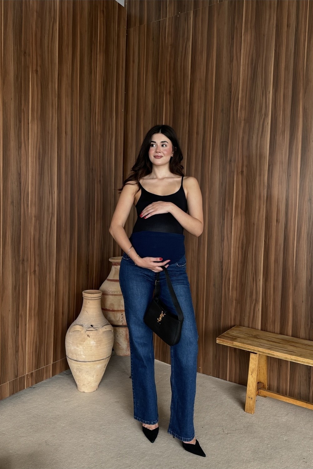 Bqess Hamile Karnı Saran Esnek Bantlı Mavi Düz Paça Jean Pantolon görsel 6