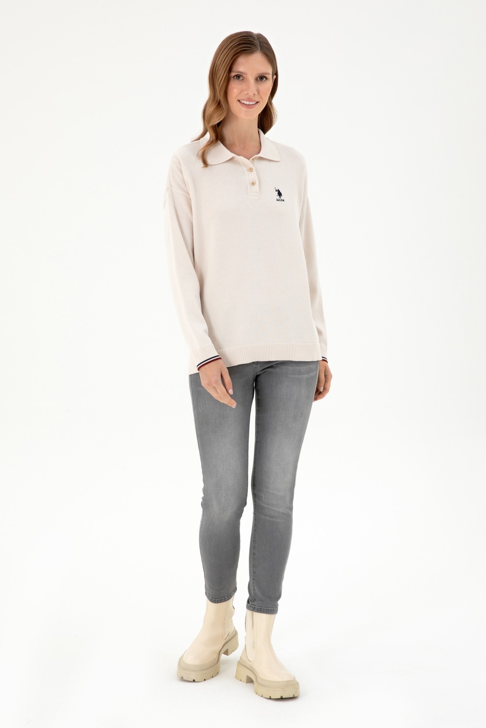 U.S. Polo Assn. Kadın Krem Polo Yaka Kazak 50297091-VR071 görsel 4
