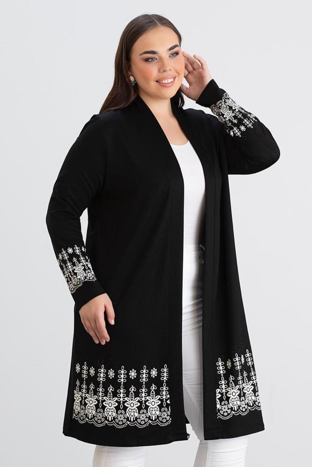 For Esra Bıg Trend Kadın Büyük Beden Kol Etek Ucu Çiçek Desen Baskı Ön Açık Esnek Uzun Viskon Hırka ( Uzunluk 100 cm
