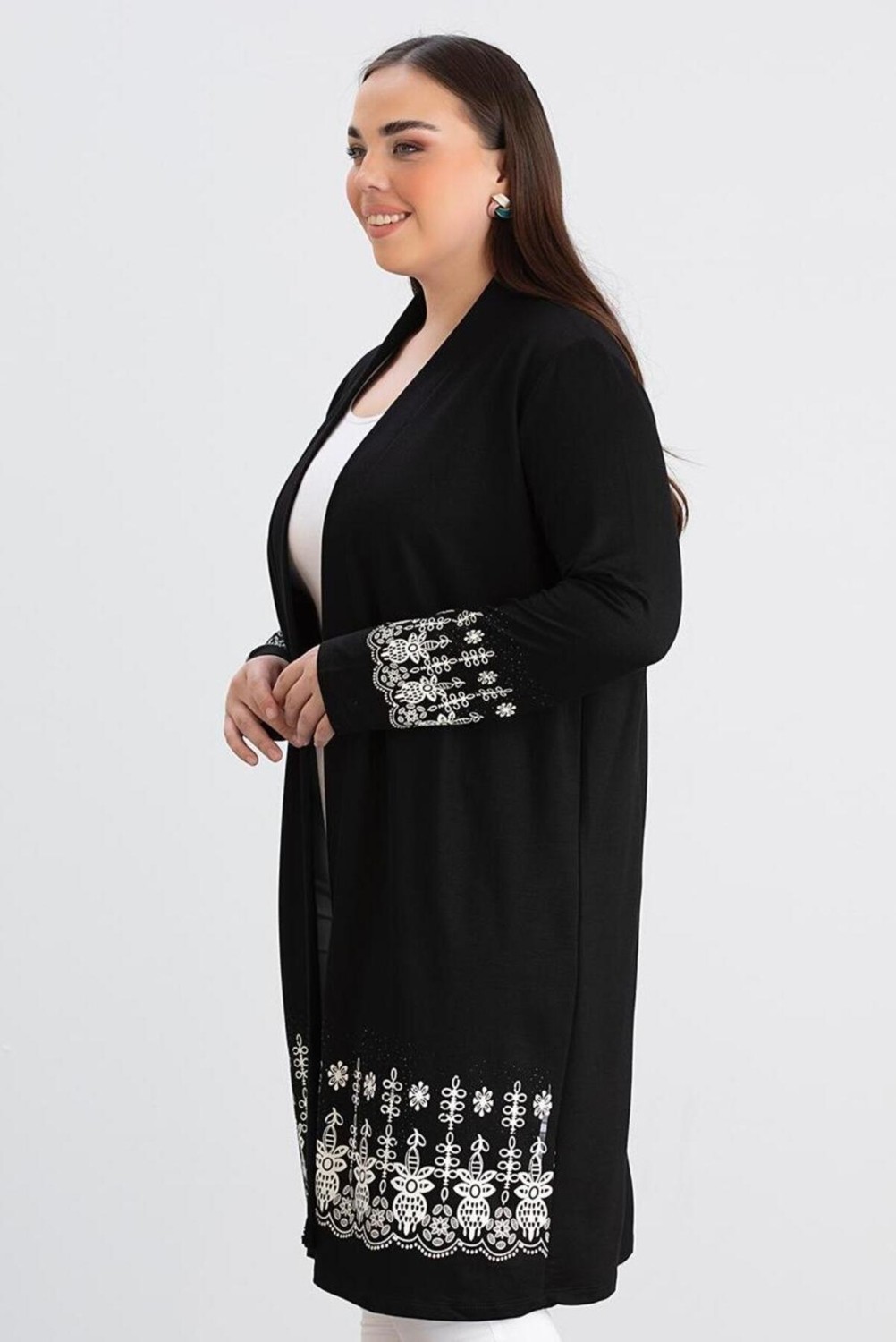 For Esra Bıg Trend Kadın Büyük Beden Kol Etek Ucu Çiçek Desen Baskı Ön Açık Esnek Uzun Viskon Hırka ( Uzunluk 100 cm görsel 4