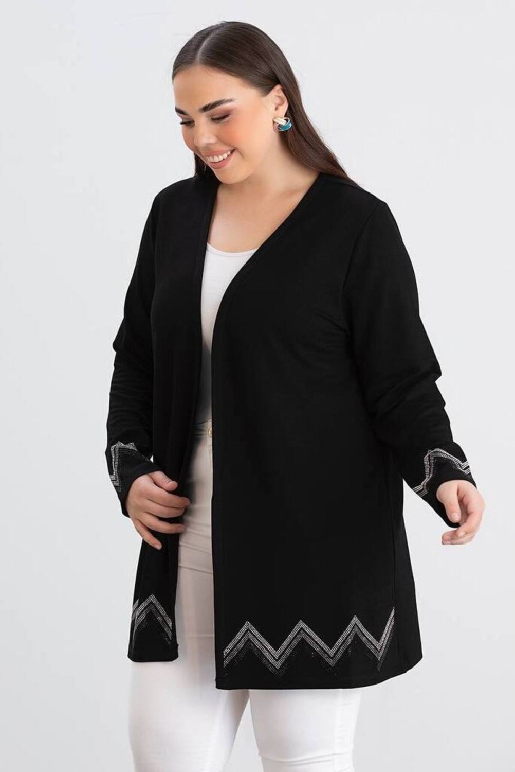 For Esra Big Trend For Esra Bıg Trend Kadın Büyük Beden Kol Etek Ucu Zigzag Taş Detay Ön Açık Esnek Viskon Midi Boy Hırka