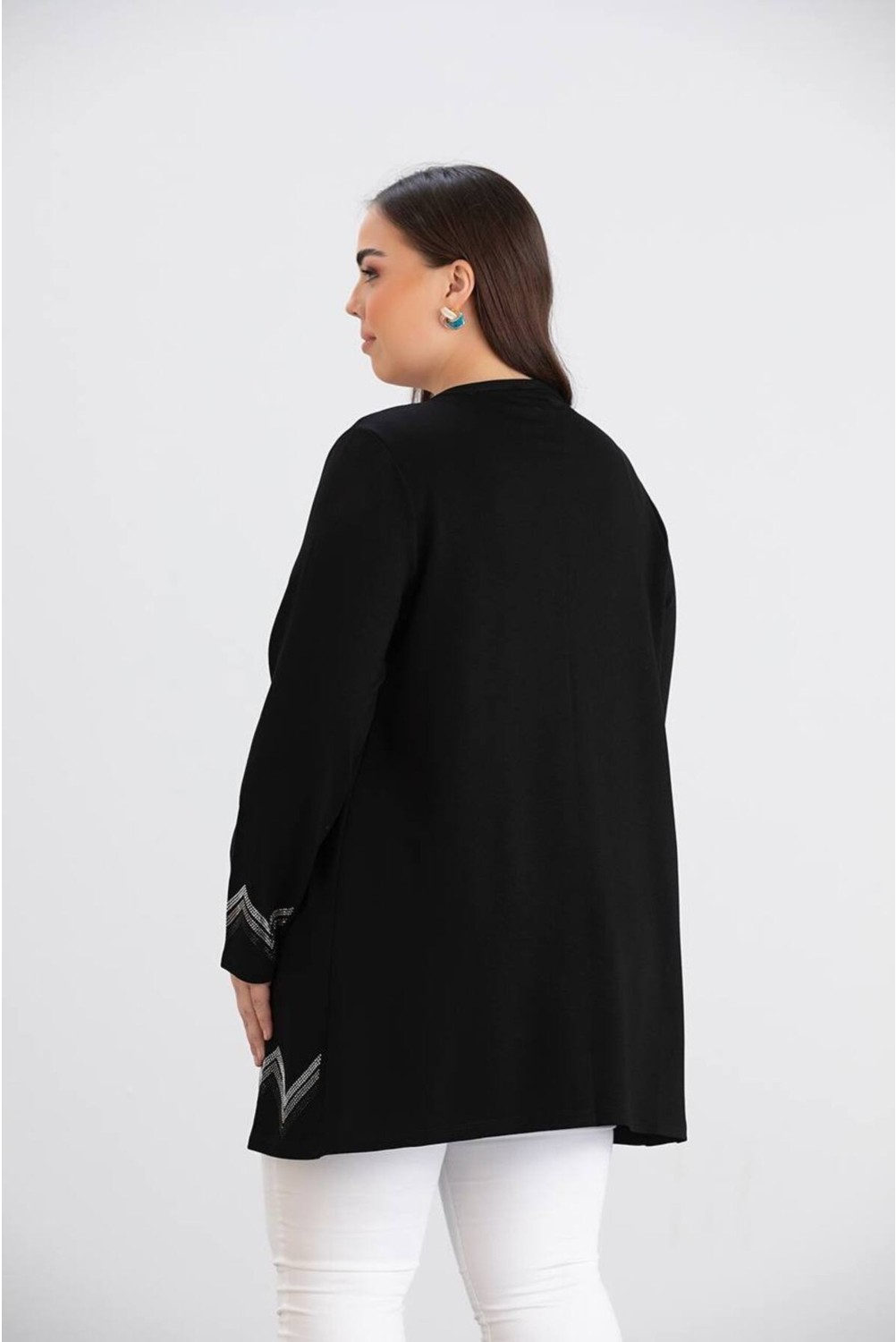 For Esra Big Trend For Esra Bıg Trend Kadın Büyük Beden Kol Etek Ucu Zigzag Taş Detay Ön Açık Esnek Viskon Midi Boy Hırka görsel 5