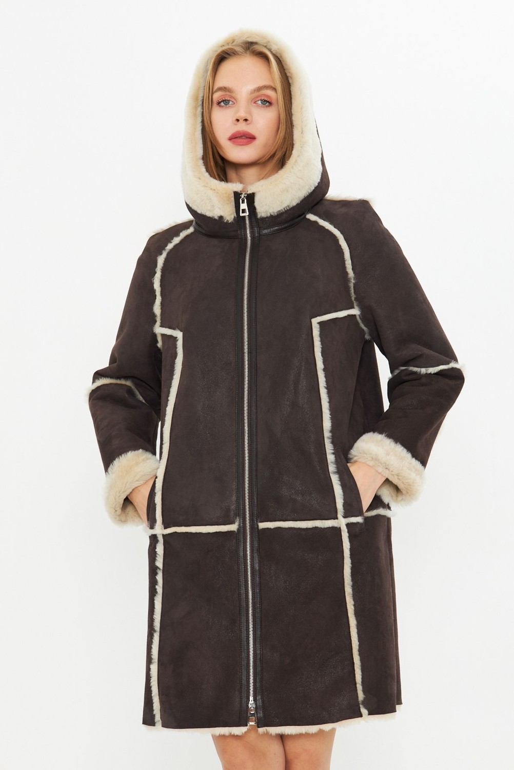 By Marki Marki Nubuk Deri Kapüşonlu Oversize Kadın Kaban - Içi Kürklü - Kahverengi 90 cm - 113422