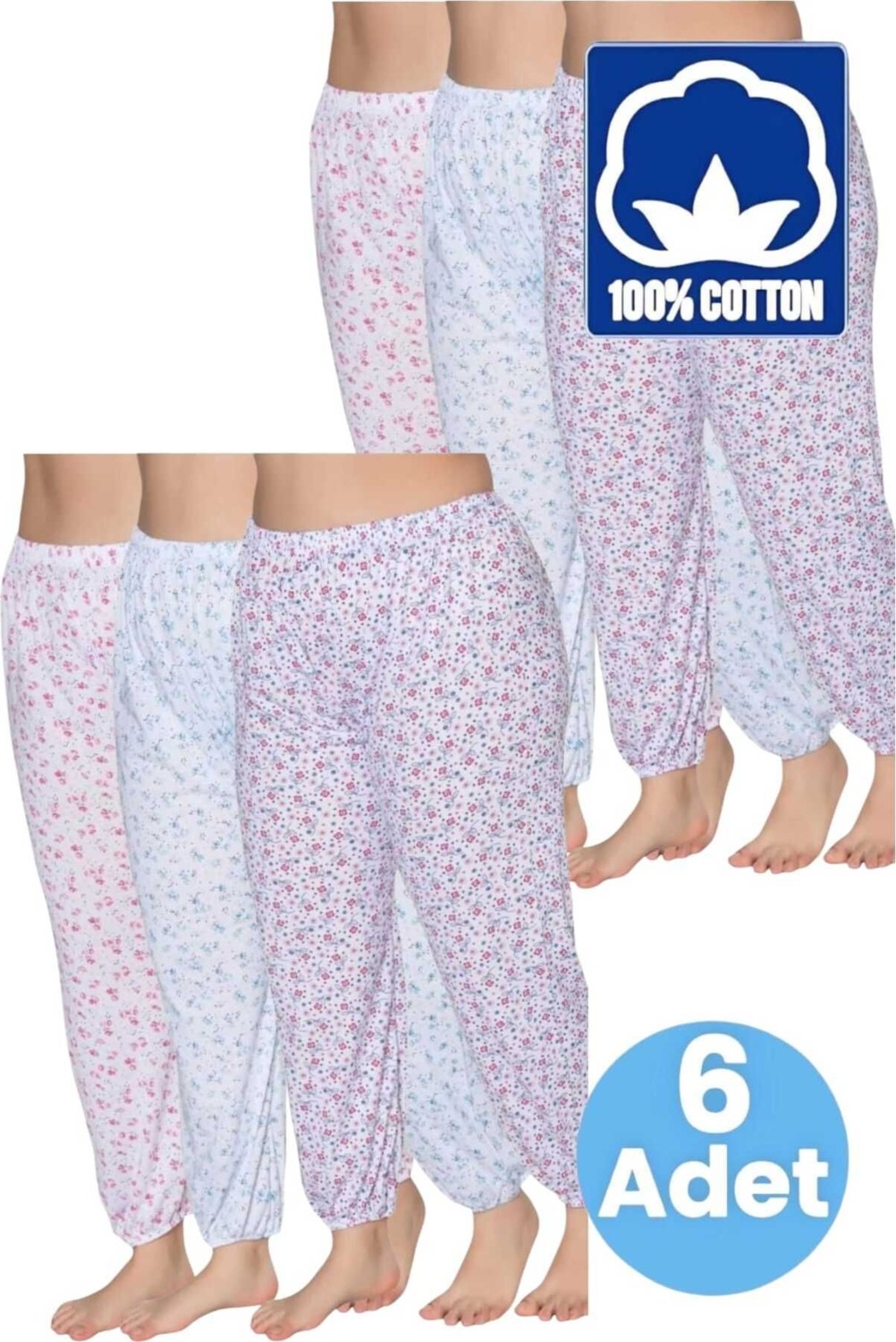 Uniquetrenders Kadın %100 Pamuklu Desenli Emprime Lastikli Uzun Pijama Lastik Paçalı Don 6'lı Set