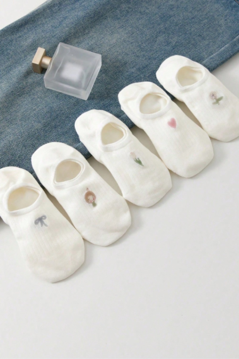 Hitit Socks Kadın 5 Çift Premium Fiyonk Çiçek ve Kalp Desenli Görünmez Babet Çorap görsel 4