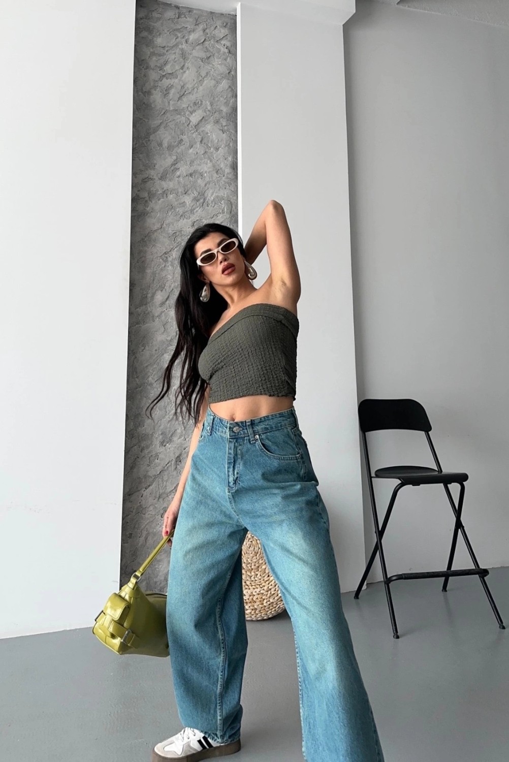 OEY Fashions Baggy Taş Enzim Bıyık Yıkama Jeans Pantolon Yeşil Tint D2007 görsel 6