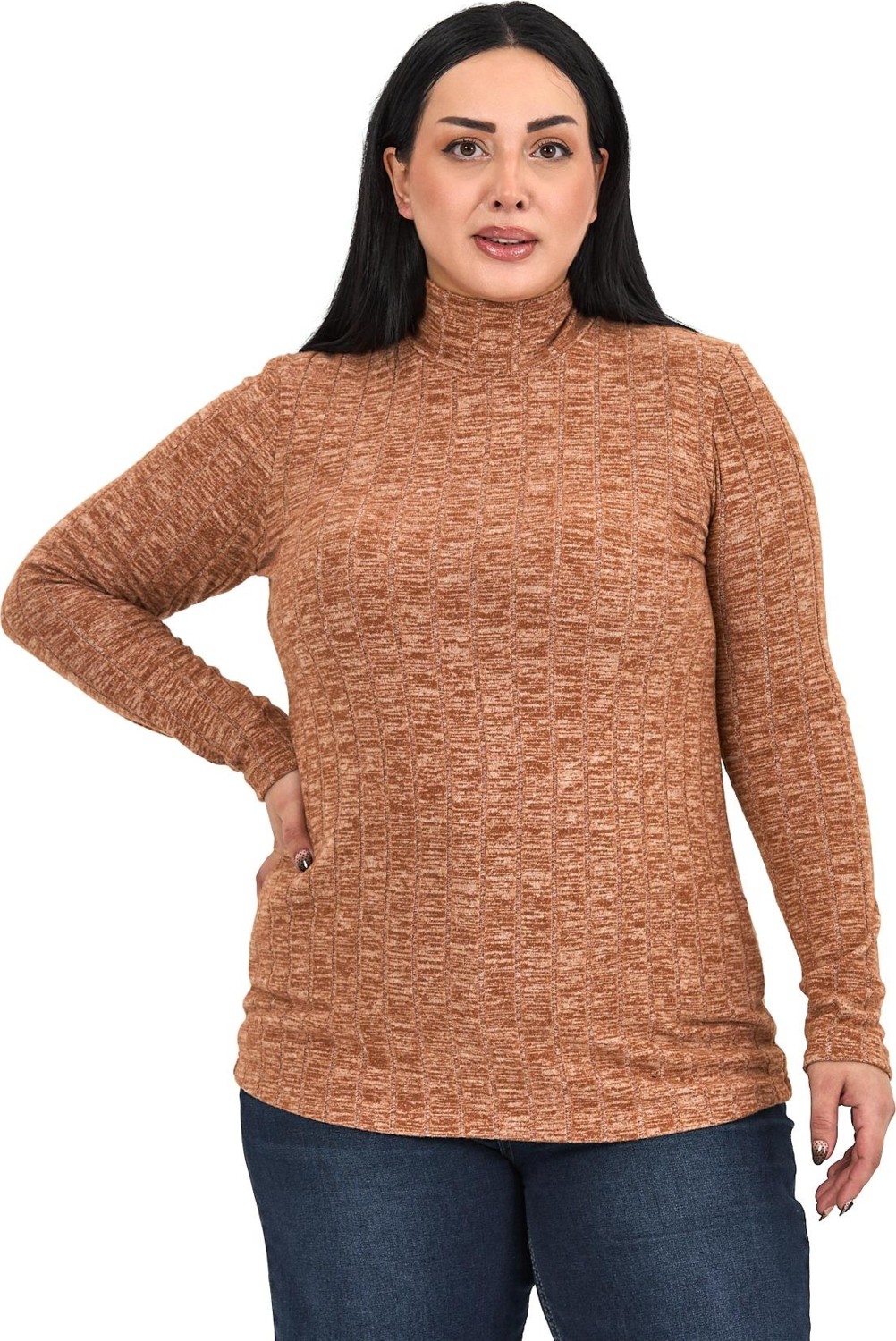 Disentis Modest Kadın Büyük Beden Yarım Balıkçı Uzun Kollu Bej Renk Triko Çizgili Body Slim Fit