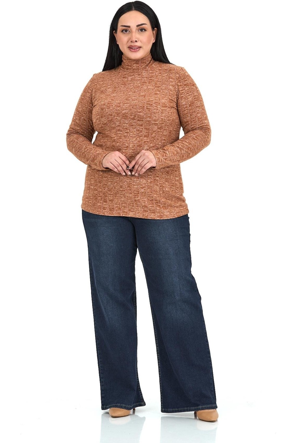 Disentis Modest Kadın Büyük Beden Yarım Balıkçı Uzun Kollu Bej Renk Triko Çizgili Body Slim Fit görsel 2
