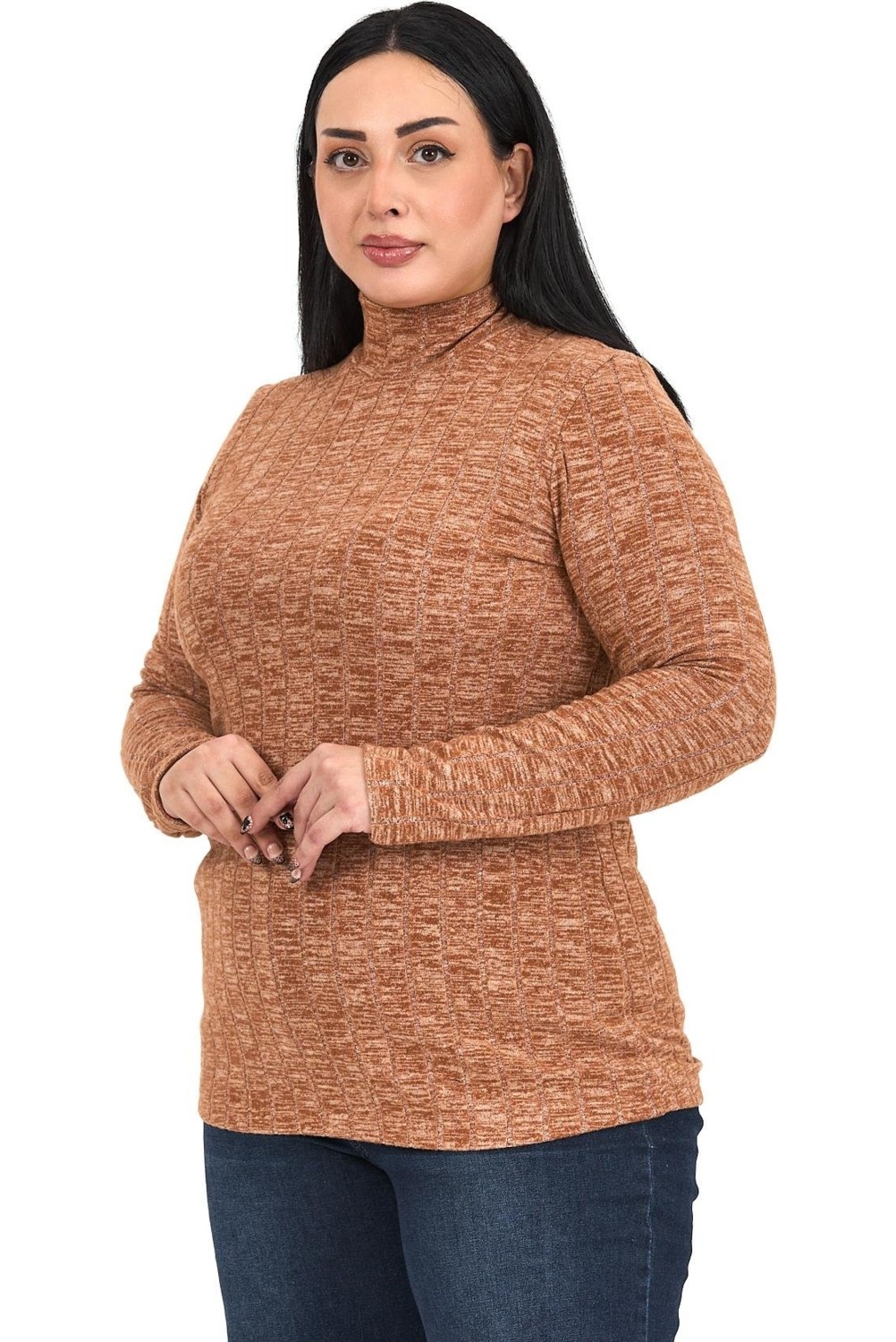 Disentis Modest Kadın Büyük Beden Yarım Balıkçı Uzun Kollu Bej Renk Triko Çizgili Body Slim Fit görsel 4