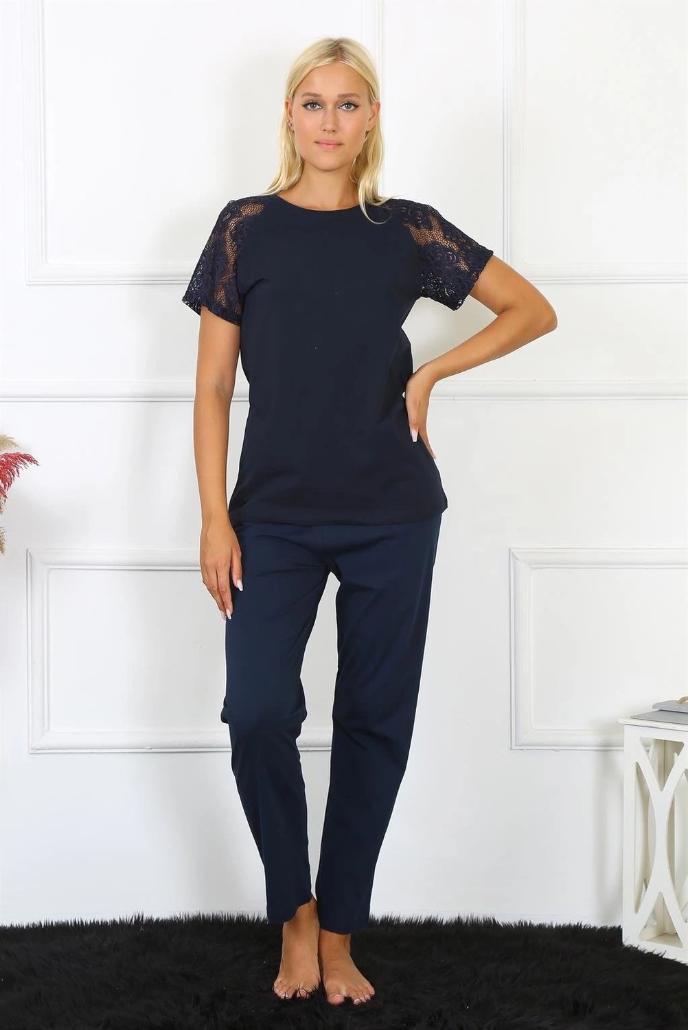 mery Kadın Kolu Dantelli Penye Pijama Takım Lacivert Mery görsel 5