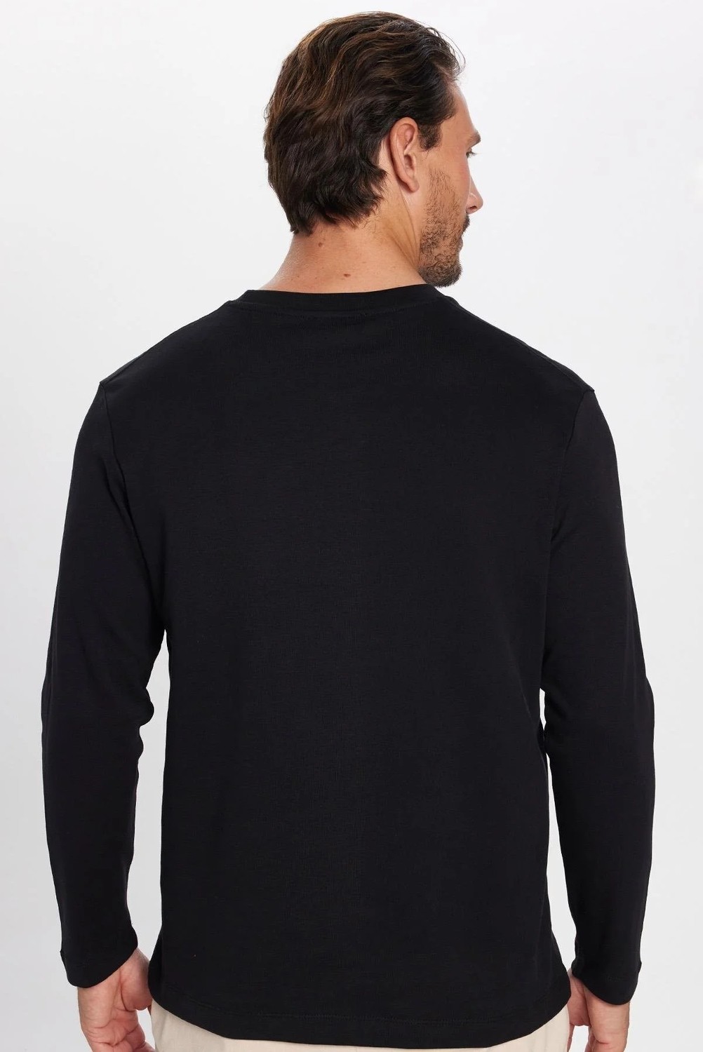 Tudors Unisex Relax Fit Rahat Kesim %100 Pamuk Uzun Kollu Bisiklet Yaka Siyah Basic Tişört görsel 5