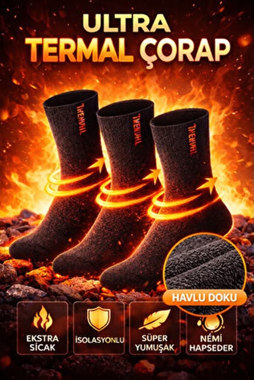 hankarayel 3'lü Paket Unisex Dikişsiz Termal Kışlık Kalın Havlu Çorap görsel 3