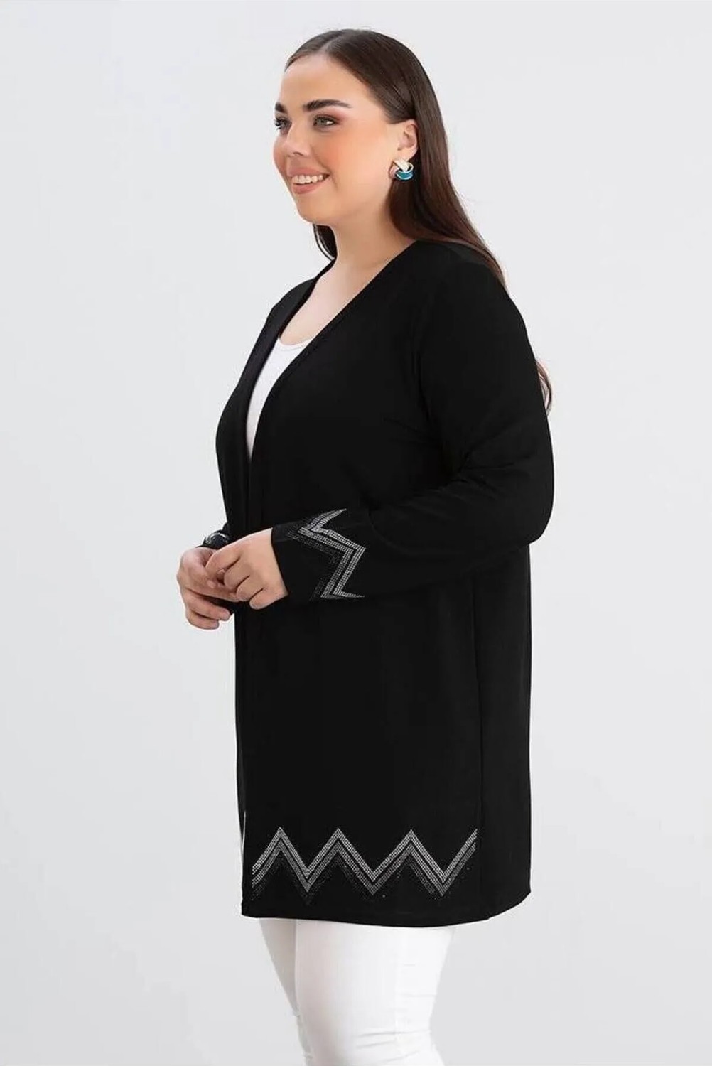 For Esra Big Trend For Esra Bıg Trend Kadın Büyük Beden Kol Etek Ucu Zigzag Taş Detay Ön Açık Esnek Viskon Midi Boy Hırka görsel 7