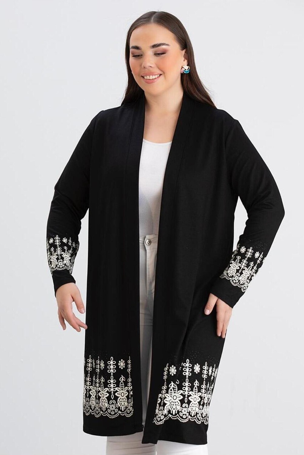 For Esra Bıg Trend Kadın Büyük Beden Kol Etek Ucu Çiçek Desen Baskı Ön Açık Esnek Uzun Viskon Hırka ( Uzunluk 100 cm görsel 7