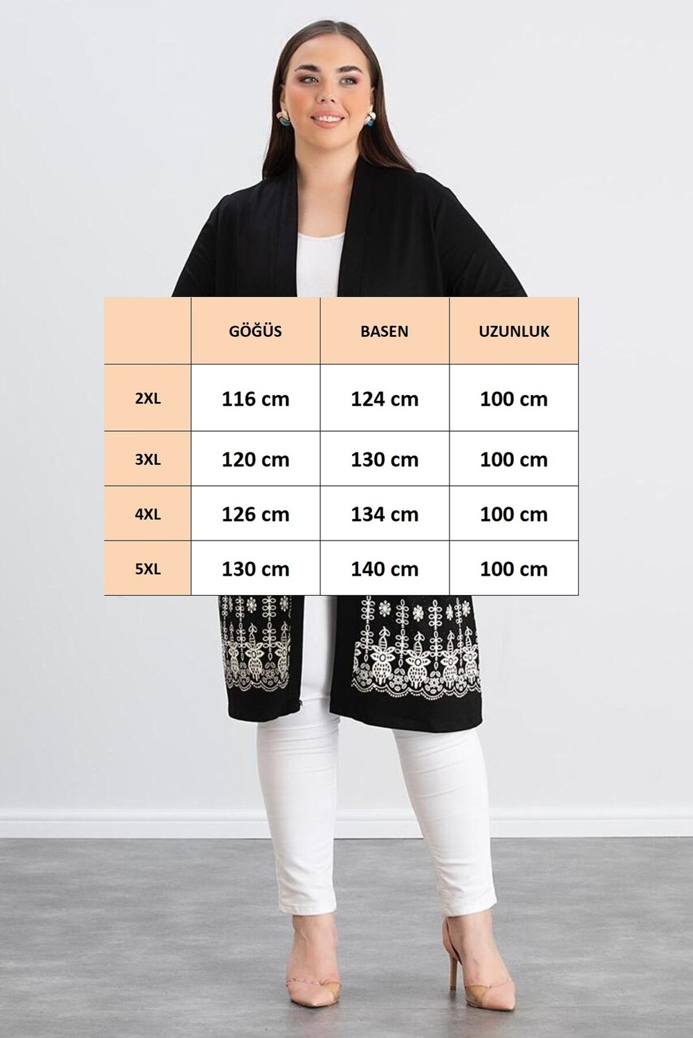 For Esra Bıg Trend Kadın Büyük Beden Kol Etek Ucu Çiçek Desen Baskı Ön Açık Esnek Uzun Viskon Hırka ( Uzunluk 100 cm görsel 8