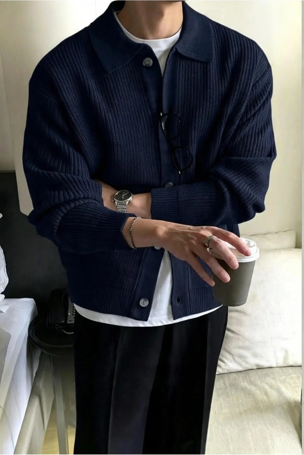 Serablanka Erkek Polo Yaka Oversize Triko Hırka Siyah görsel 7