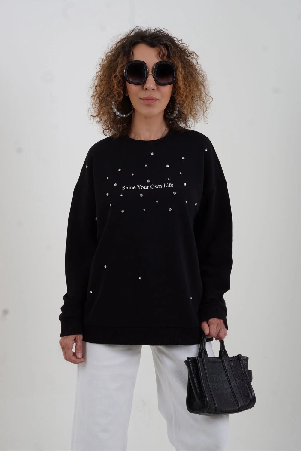 Zelish My Sister Siyah Shine Baskılı Taşlı Bisiklet Yaka Sweatshirt görsel 2