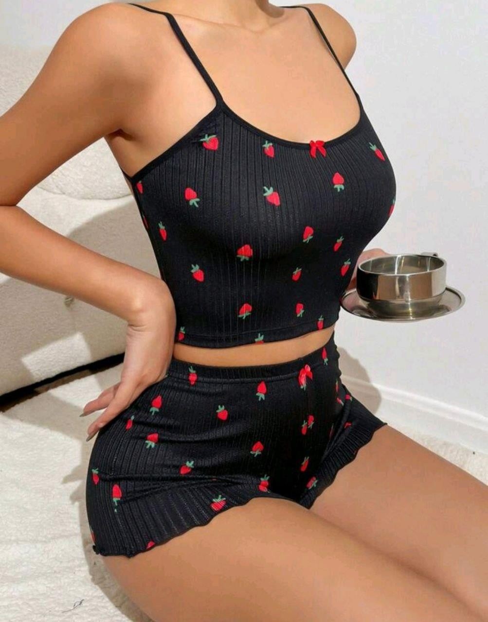 Kadın Siyah Çilek Desenli Seksi Gecelik Takım 5020 görsel 2