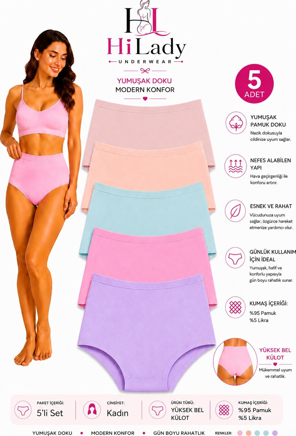 Hilady Kadın Külot 5'li Paket Yüksek Bel Külot Koyu Soft, Likralı Pamuklu Kumaş