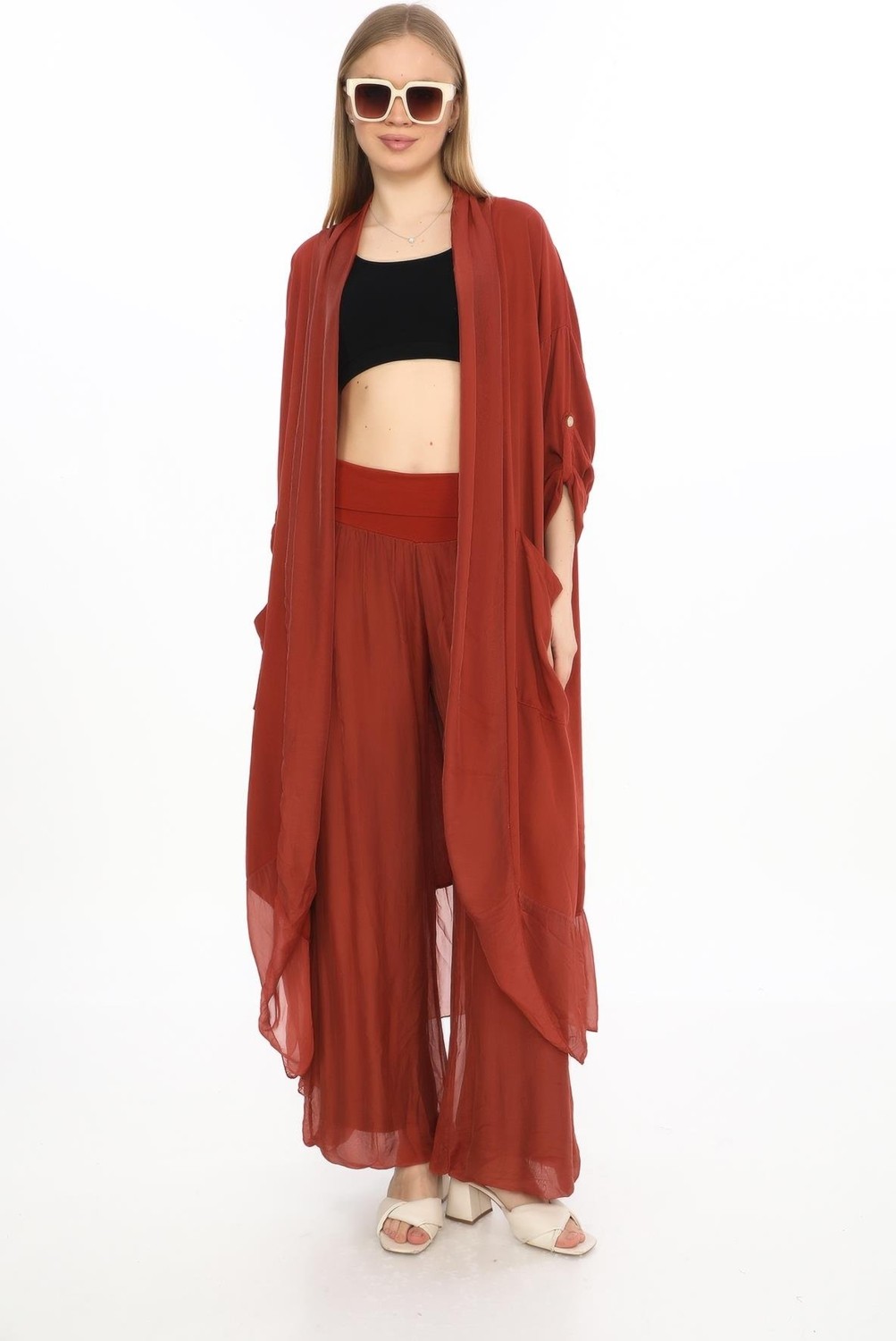 Bohem Stil Itayan Ipek Detaylı Oversize Kaftan- Pantolon Takım