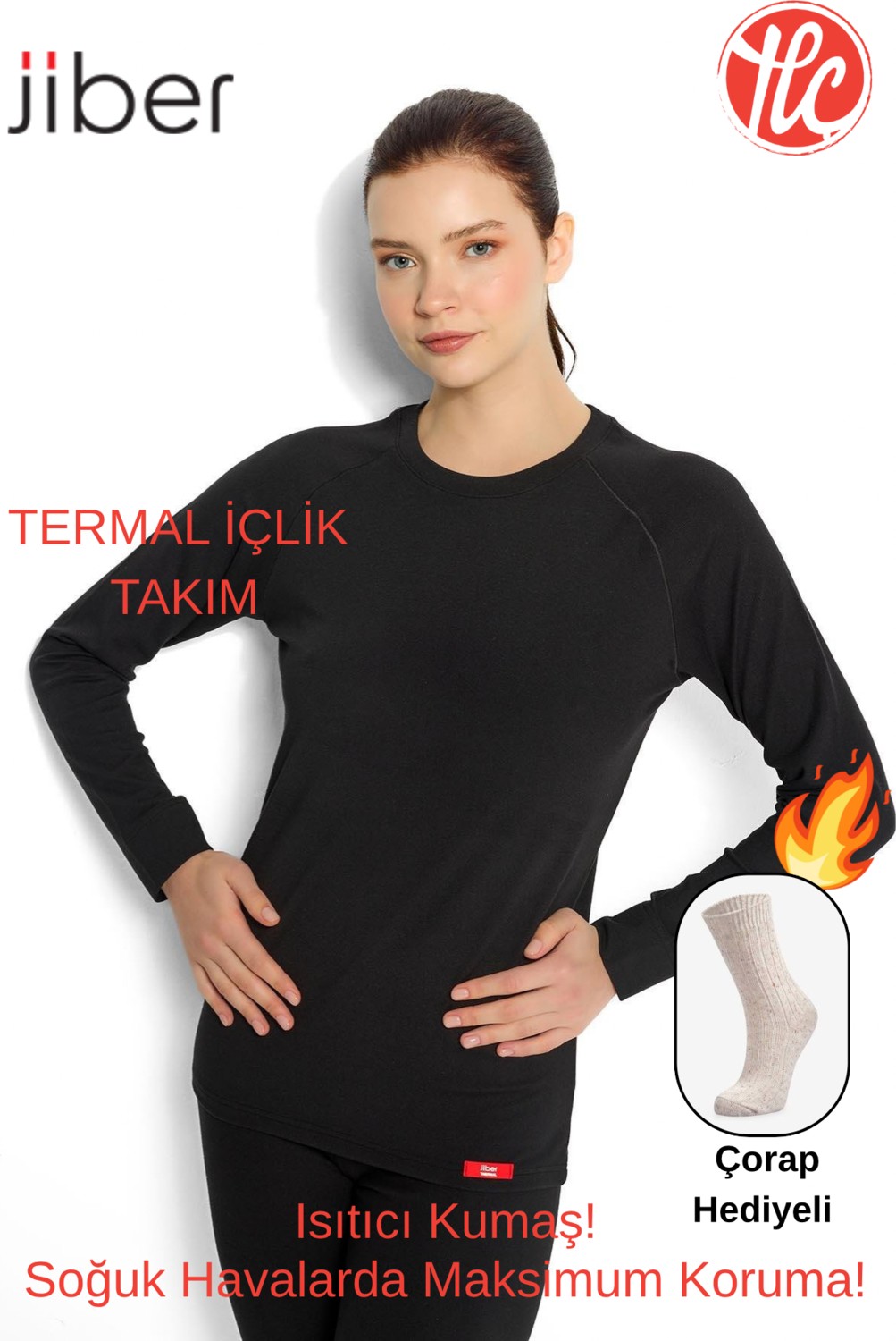 Jiber Kadın Yuvarlak Yaka Nem ve Koku Yapmaz Isıtıcılı Termal Alt Üst Set Içlik Takım (Çorap Hediyeli)