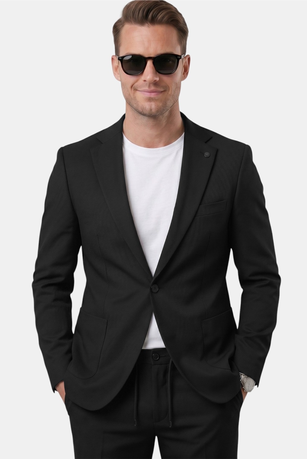 Deepsea Lacivert Premium Çizgi Dokulu Slim Fit Likralı 2’li Erkek Takım Elbise 2600821